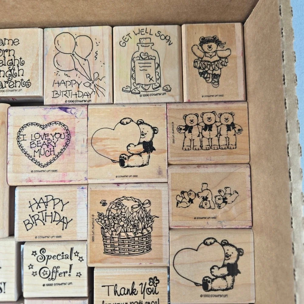 Vintage 1990s Stampin Up Wood Mounted Rubber Stamps Large Lot 50+ Retired